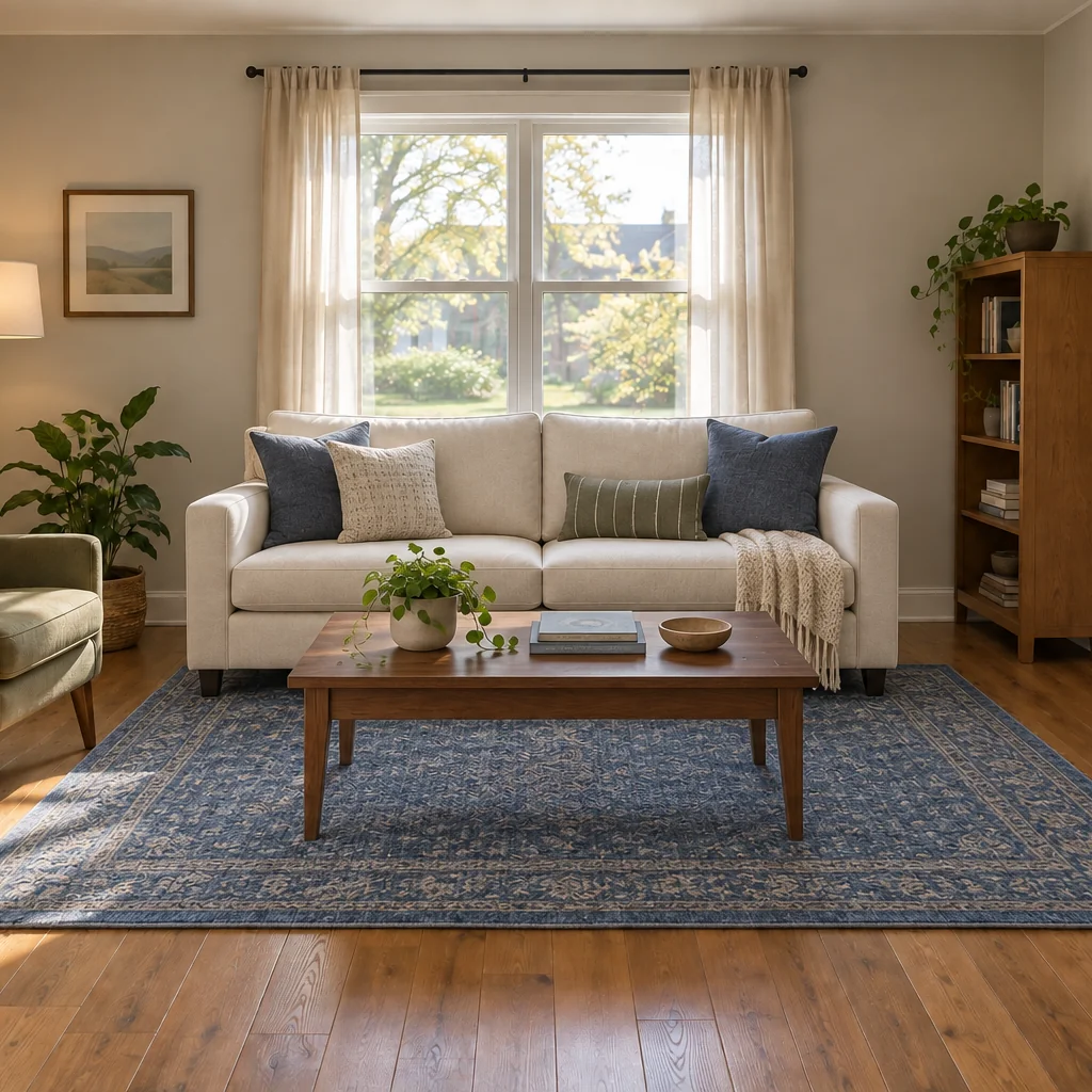 Living room with an ivory sofa, walnut coffee table and blue patterned rug beneath the original window.