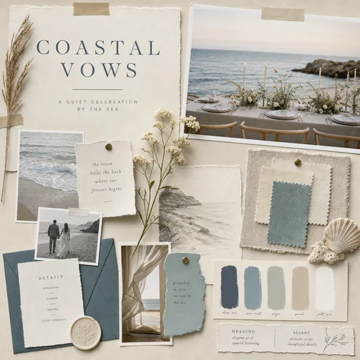 A COASTAL VOWS moodboard combines seaside celebration images, fabric swatches and muted coastal colors.