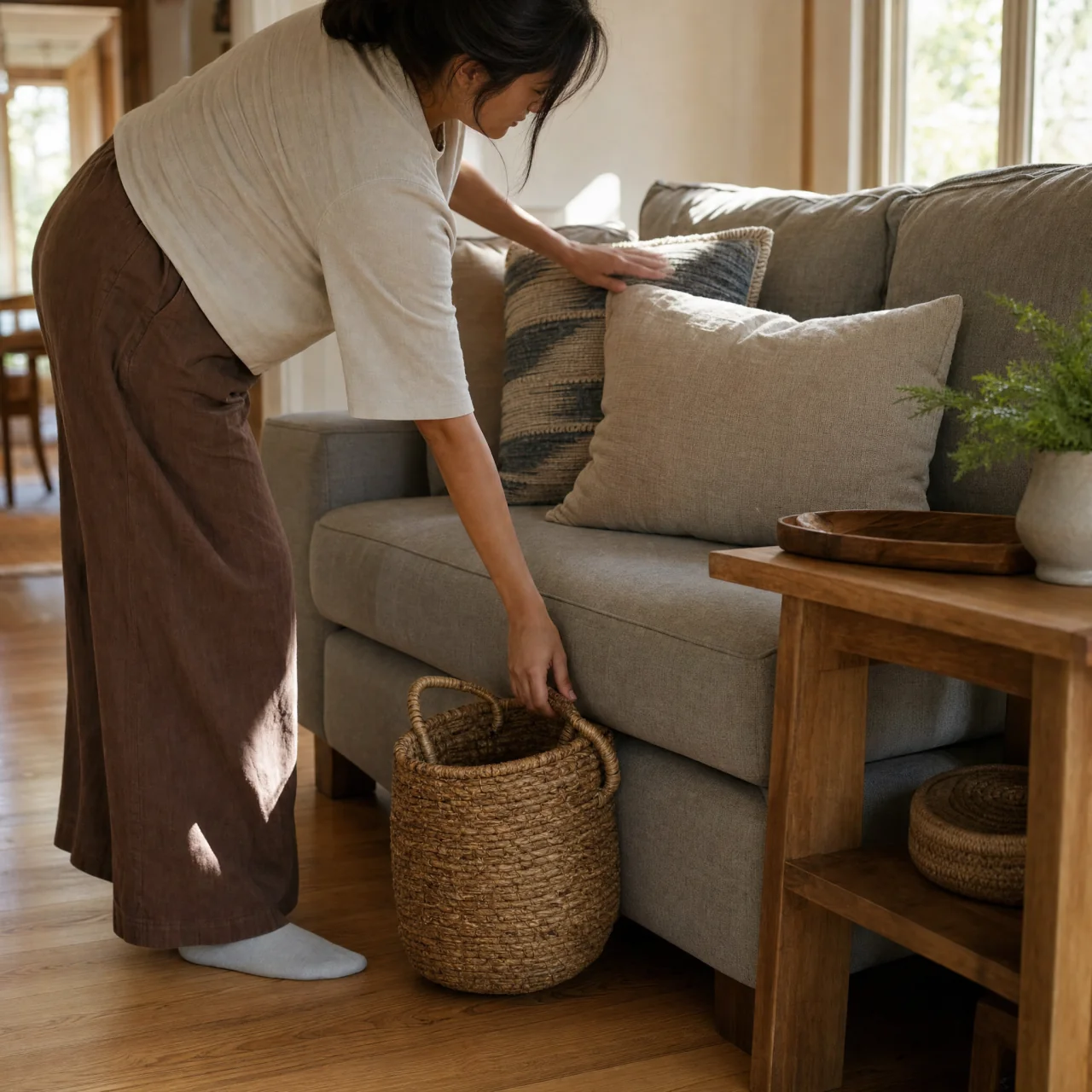 Homeowner placing a woven basket beside the sofa while smoothing coordinated cushions; a small wooden side table repeats the room's wood tone and an open walkway is visible.