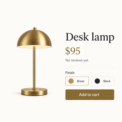 Desk lamp, $95, No reviews yet, Finish Brass/Black with Brass selected, Add to cart retained.