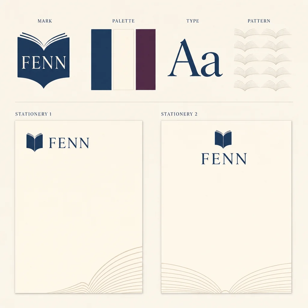 FENN book mark, blue/ivory/plum palette, serif Aa and page pattern are present.