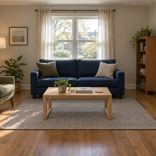Living room with a navy sofa, pale-oak coffee table and gray rug.