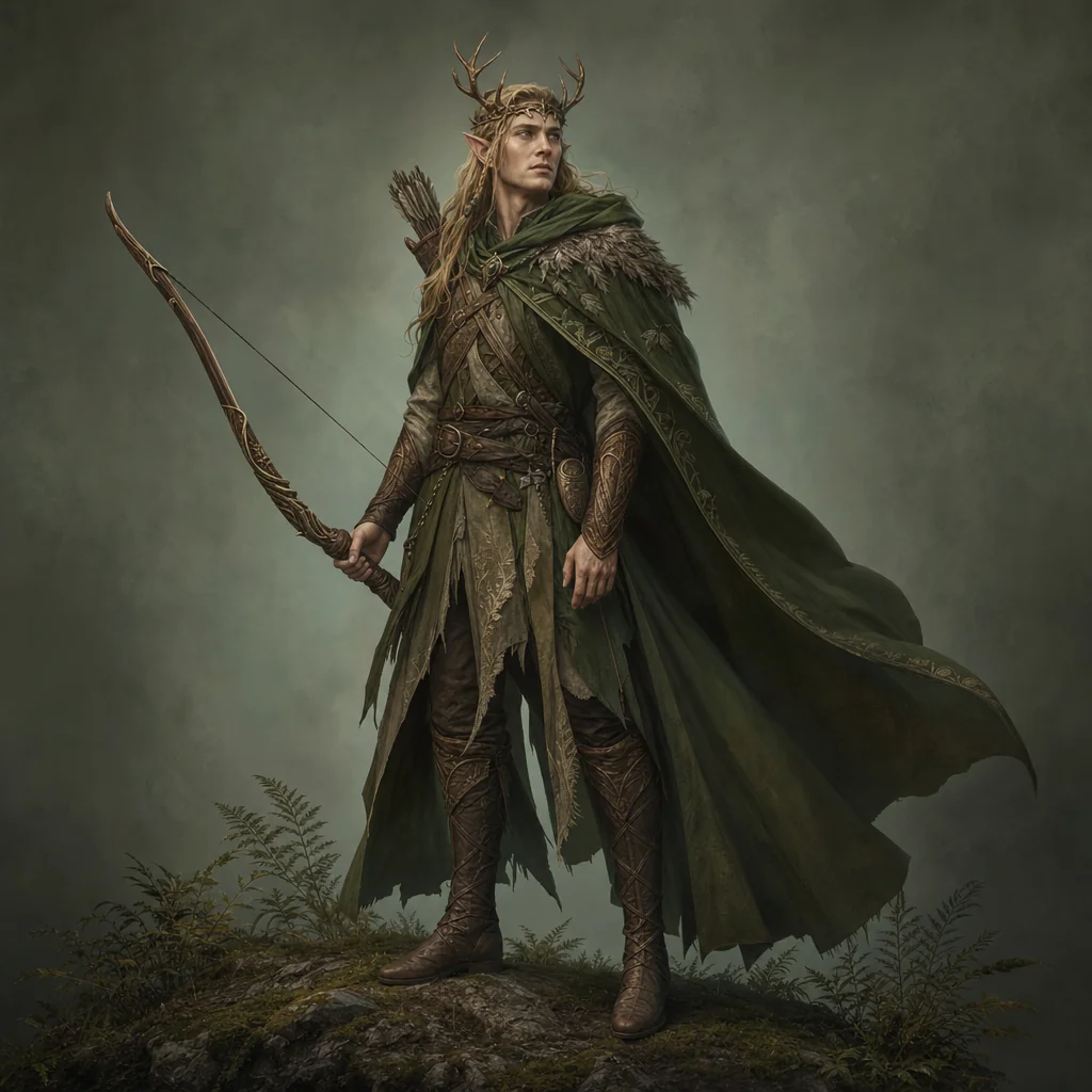An adult elven ranger in a green cloak and antlered circlet holds a longbow against a misty woodland-toned background.