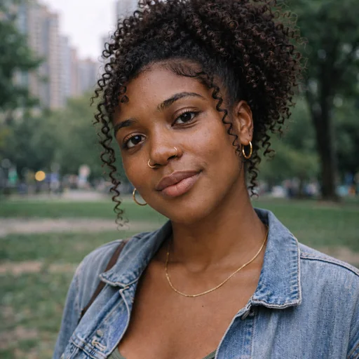A woman in a denim jacket with a high curly updo and loose face-framing curls.