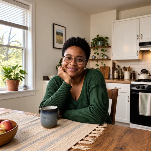A colorized kitchen portrait of a smiling woman in glasses and a green sweater sitting beside a mug.