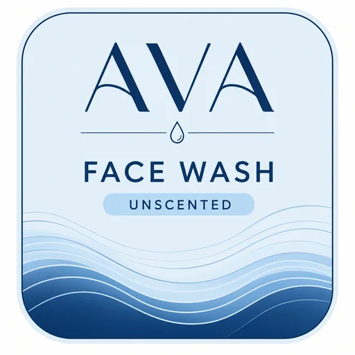 AVA face wash label in pale blue and navy with simple water lines.