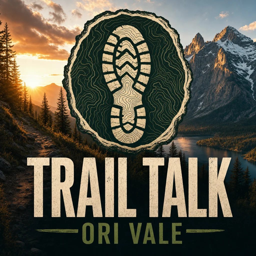 TRAIL TALK podcast cover by ORI VALE with a boot print inside a contour ring above mountain scenery.