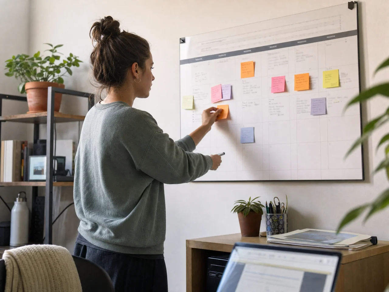 Person placing a colored sticky note on a wall calendar showing mixed activities