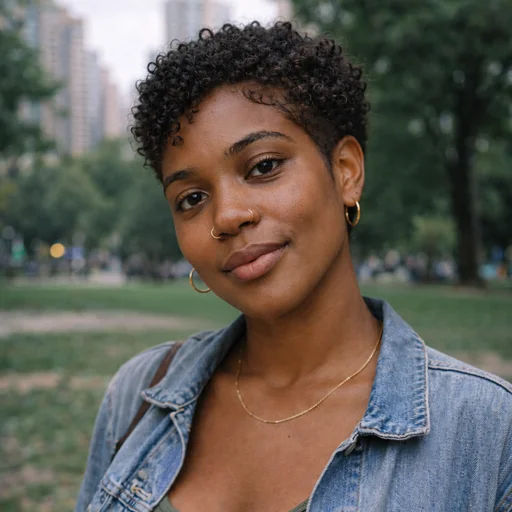 A woman previews a close tapered pixie cut with natural curls on top, wearing a denim jacket and gold jewelry.