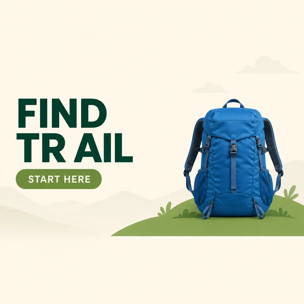 Blue backpack on green hill beside altered FIND TRAIL headline.