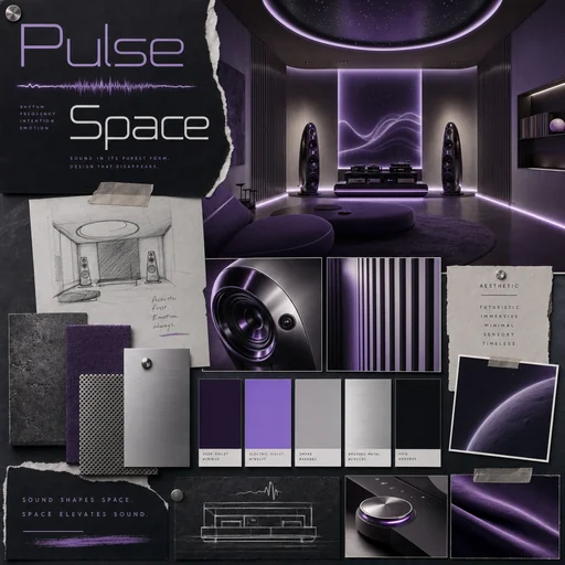 Futuristic violet listening-room moodboard with brushed metal, Pulse and Space typography.