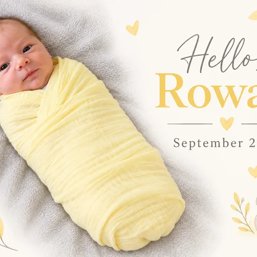 Pale yellow and gray baby announcement with a baby in a yellow swaddle and Hello, Rowan — September 2026 beside a small illustrated rabbit.