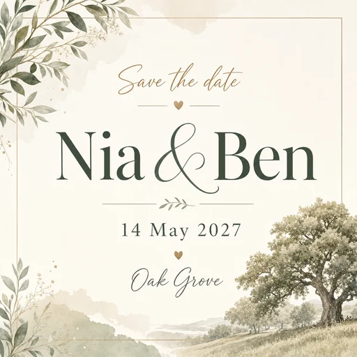 Save-the-date card for Nia & Ben, 14 May 2027, Oak Grove.