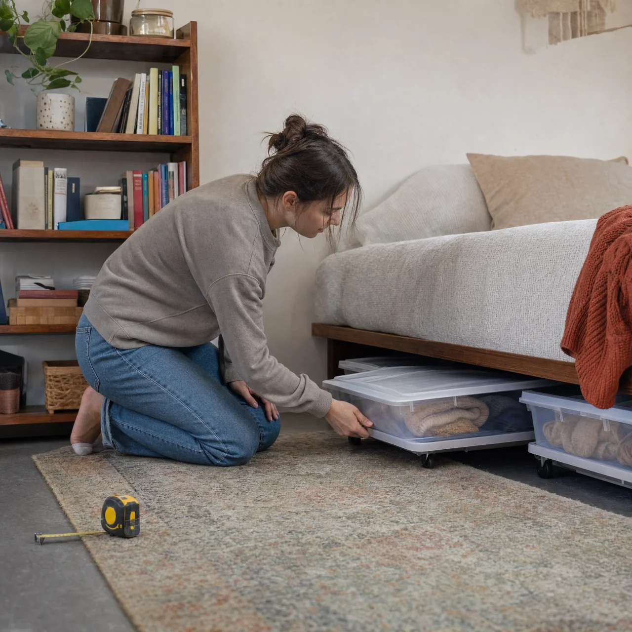 Under-bed storage boxes pulled halfway out with a person checking measurements and a freestanding bookshelf nearby