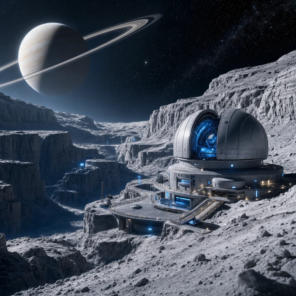 Lunar canyon terraces, ringed planet and blue observatory instrument light; no unrelated characters/text..