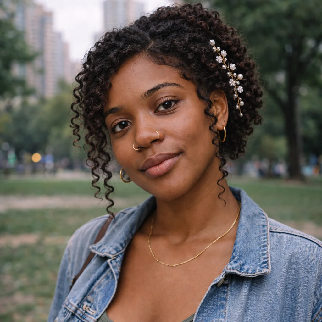 A woman previews a curly bridal updo with loose tendrils and a delicate pearl-like hair ornament.