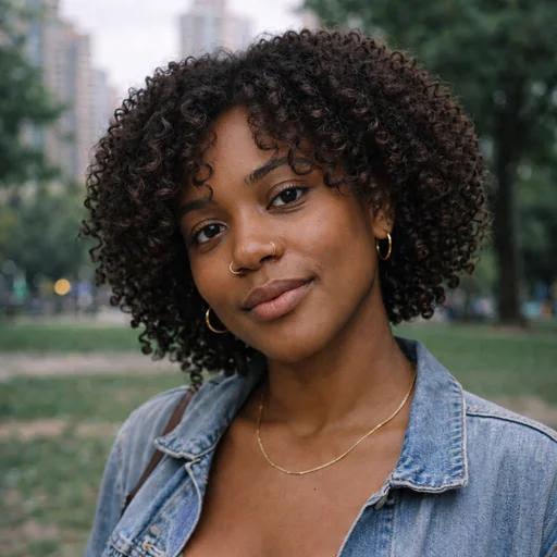 Woman with fuller curly curtain bangs and soft root volume, wearing a denim jacket and green top in a park.