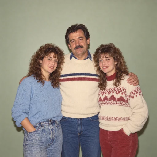 A restored color family portrait of a father and two adult daughters against a plain sage wall.