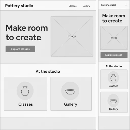 One pottery homepage shown at desktop and narrow widths; all specified labels, two supporting cards, grayscale placeholders and order are preserved.