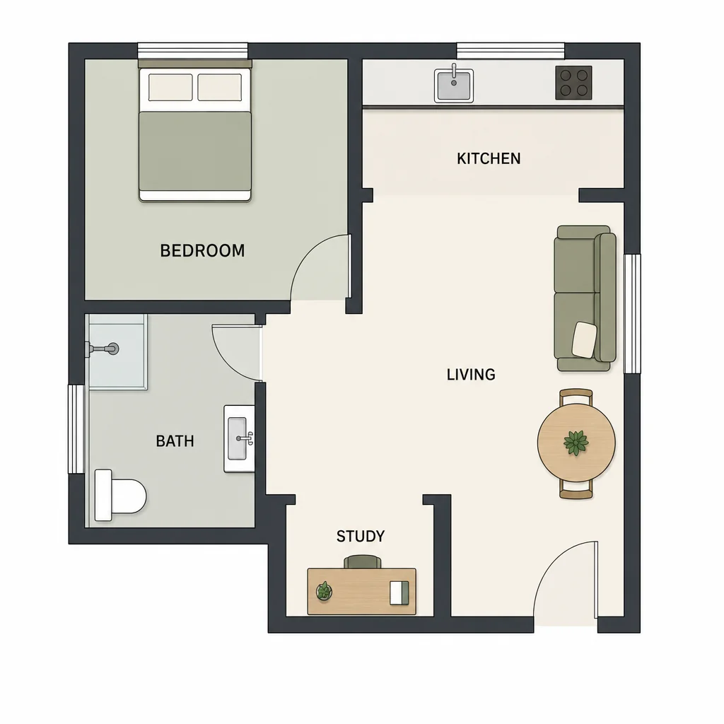 Unmeasured compact home plan with bedroom, bath, kitchen, open living area and a study nook.