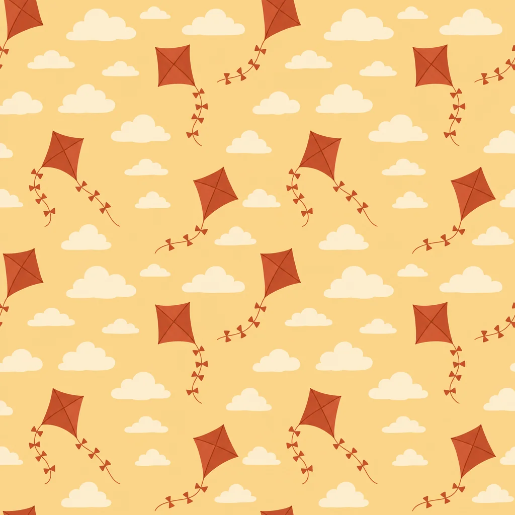 Rust-red kites and cream clouds on pale ochre.