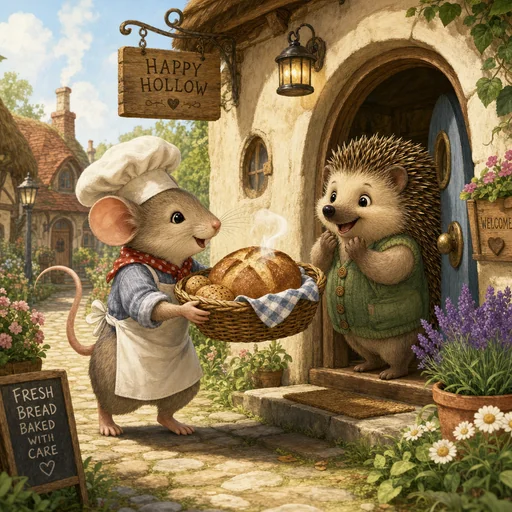 Mouse baker delivers steaming bread to hedgehog neighbor. HAPPY HOLLOW/WELCOME/bread sign are related setting details, not prohibited unrelated text..