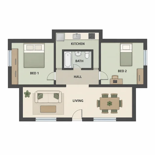 Source 1 for Two-bedroom floor plan: split bedroom rectangular flat.