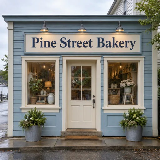 Blue clapboard storefront with a cream sign reading Pine Street Bakery beside a wet coastal street.