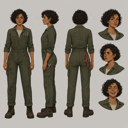 A curly-haired mechanic in olive coveralls shown from three views with three expressions.