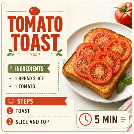 Readable TOMATO TOAST title, exact ingredients 1 BREAD SLICE / 1 TOMATO, TOAST / SLICE AND TOP numbered steps, and 5 MIN timing.