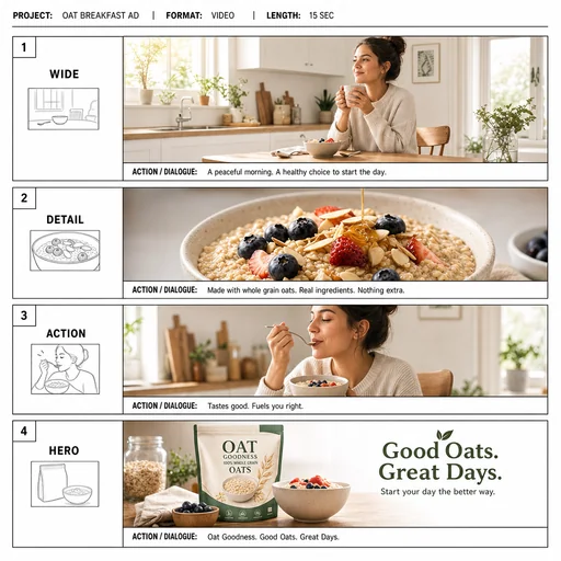 Four-shot oat breakfast advertisement storyboard, ending with Good Oats. Great Days.