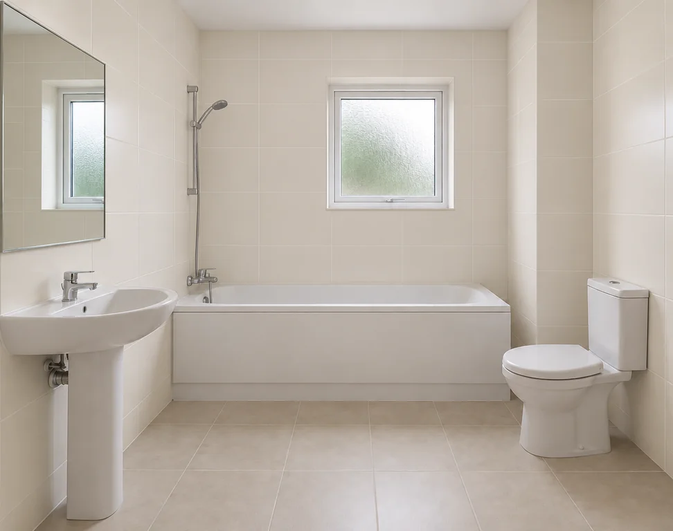 The reference bathroom with ivory satin wall tiles and its existing fixtures.