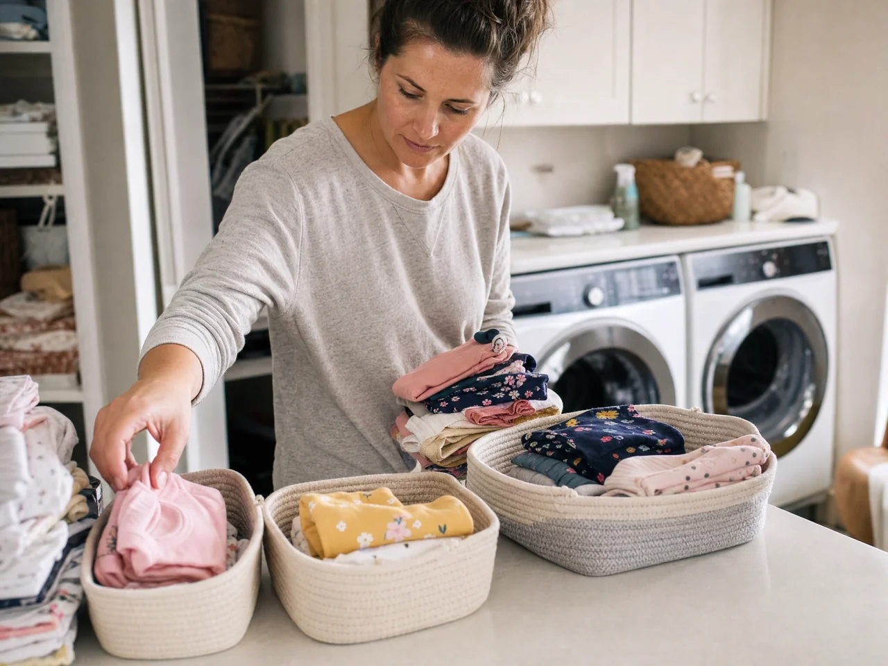 Parent placing folded children's outfits into small baskets on a laundry room counter with a washing machine in the background.