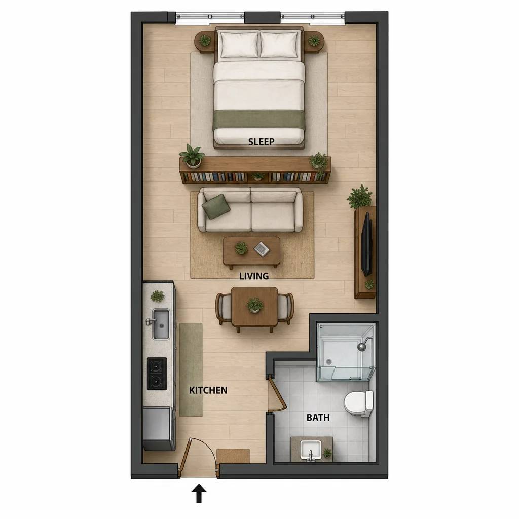 Rectangular top-down studio with exact SLEEP/LIVING/KITCHEN/BATH labels.