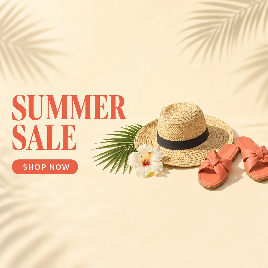 Summer sale layout with hat and sandals at right and left-aligned sale text.