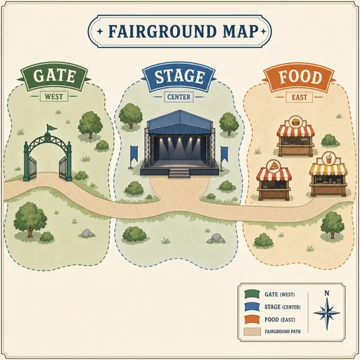 Gate, Stage and Food areas joined by one fairground path.