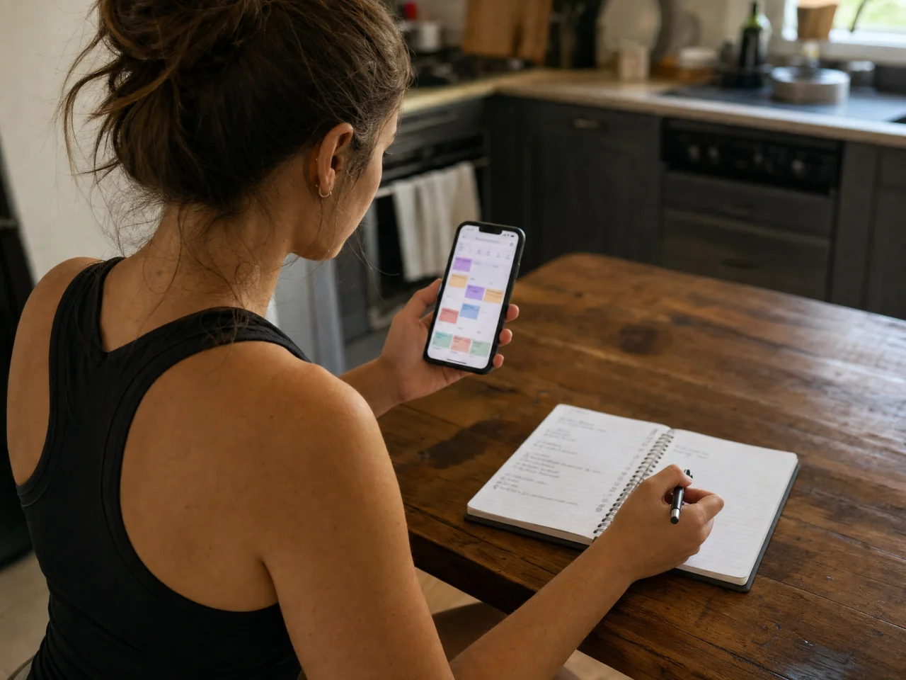 Beginner at a kitchen table holding a phone upright showing a calendar with colored workout blocks, with an open notebook and pen ready to note availability