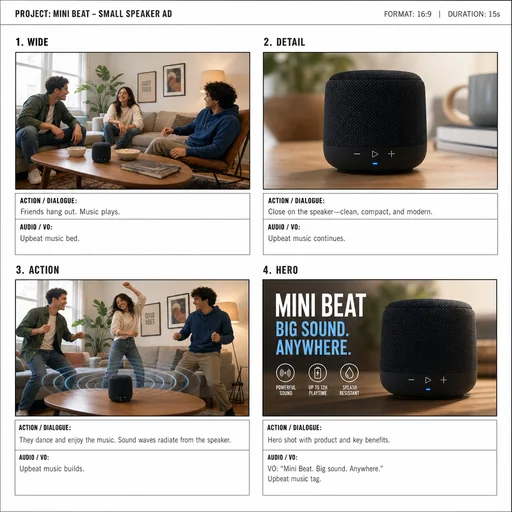 A four-frame small-speaker advertisement labeled WIDE, DETAIL, ACTION and HERO.