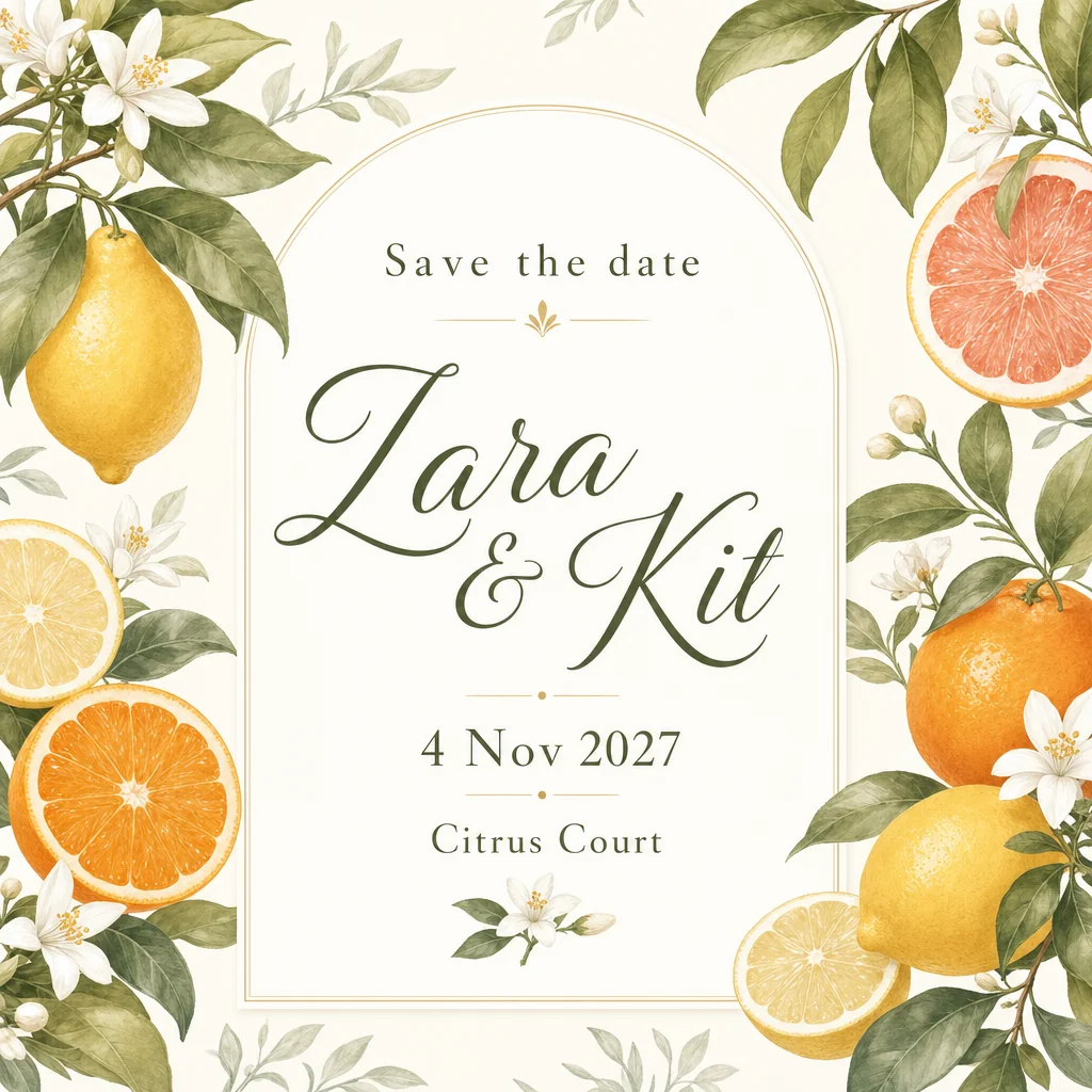 Save-the-date card for Zara & Kit, 4 Nov 2027, Citrus Court.
