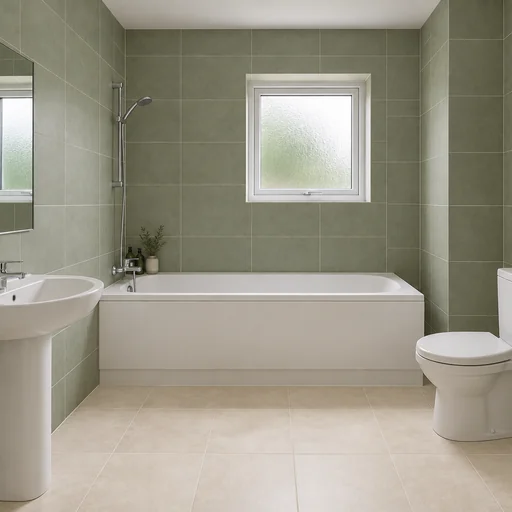 Sage-tiled bathroom with a cream floor, chrome taps, white fixtures, towels and small toiletry accessories.