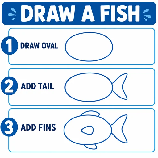 DRAW A FISH poster with oval, tail and fins in three cumulative stages.