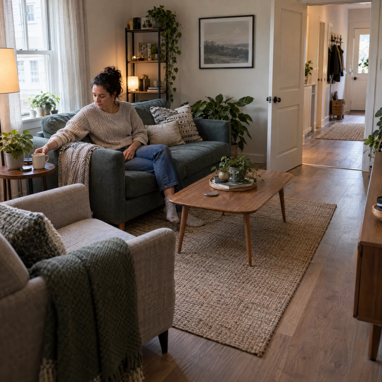 Small living room with a resident reaching from the sofa to a side-table cup, spaced seating, and a clear floor path to an open doorway.