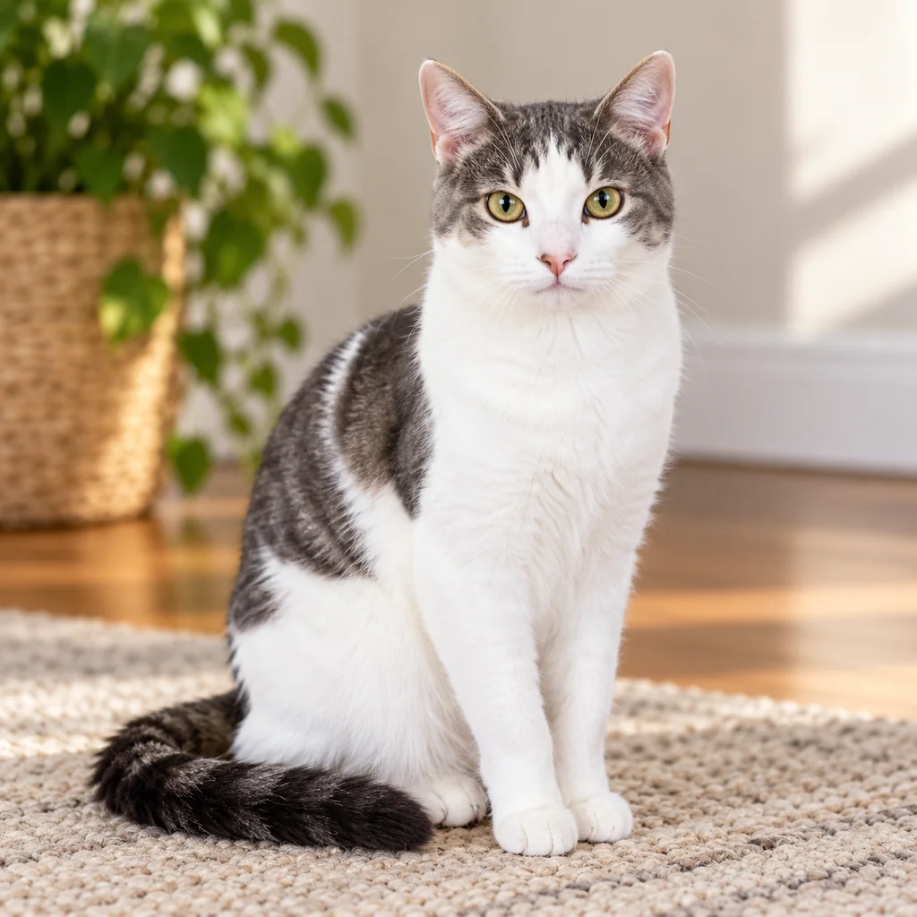 A gray-and-white tabby cat sits on a textured rug with a softly blurred plant and warm indoor light behind it.