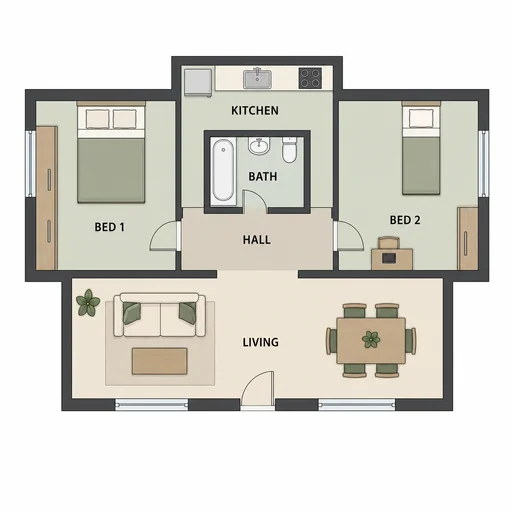Split-bedroom floor plan with open hall passages beside a central bath, a kitchen above, and living and six-seat dining below.