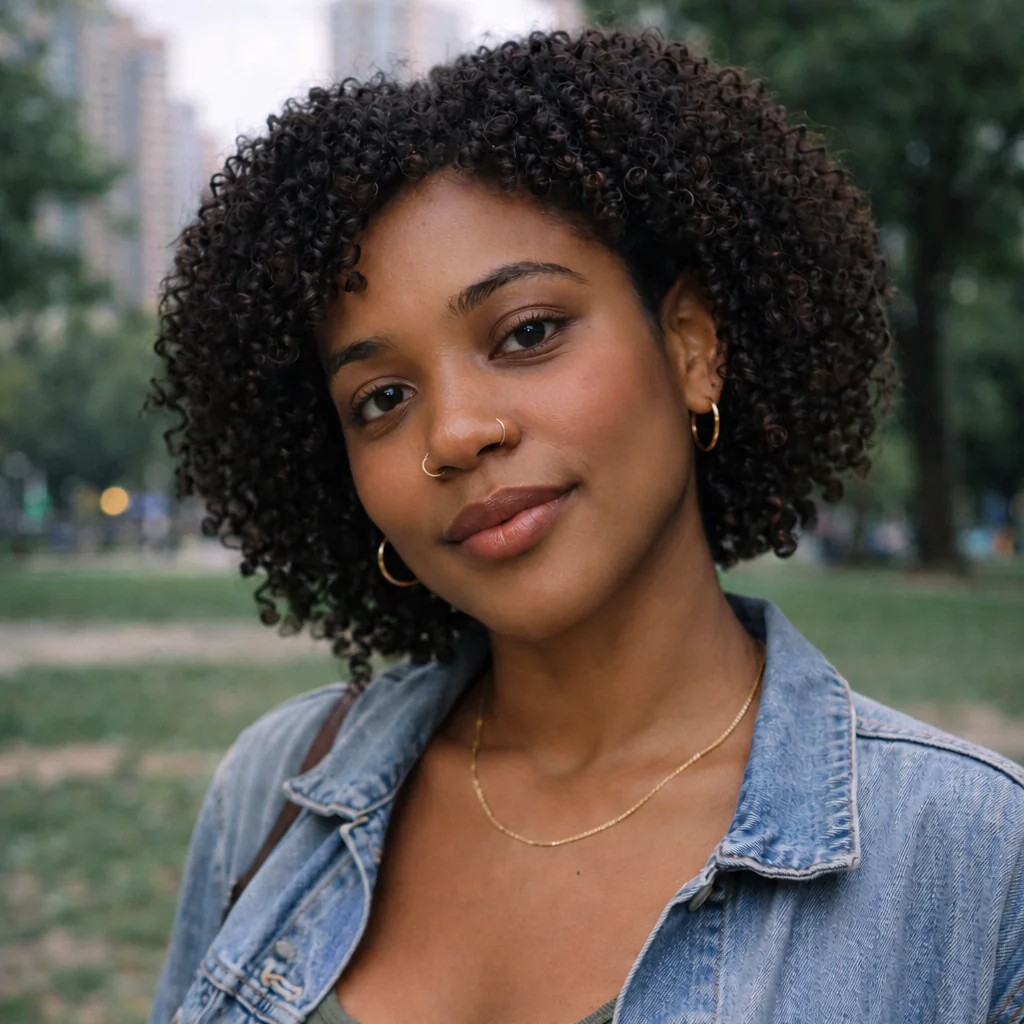 A woman with curly hair and a denim jacket wears warm, understated everyday makeup outdoors.
