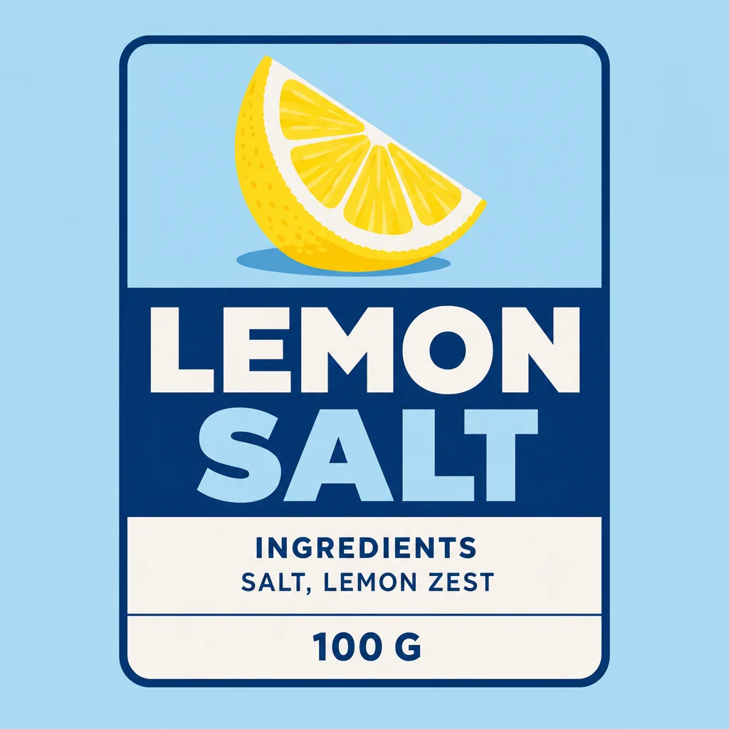 Yellow lemon wedge above LEMON SALT, ingredients and 100 G.