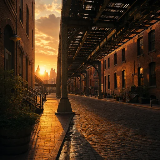 A brick city street runs beneath repeating elevated railway supports in low golden sunset light.