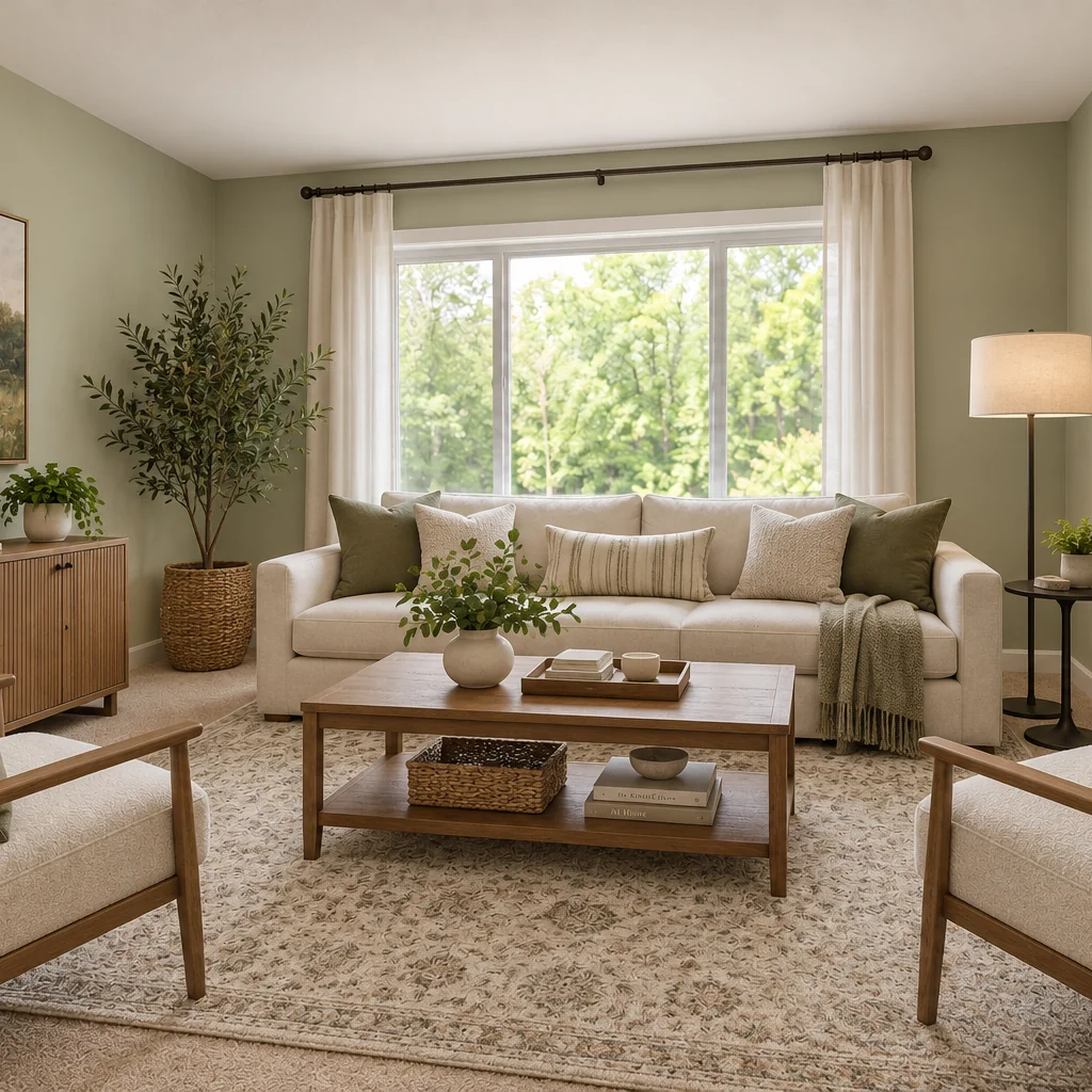 Sage living room staged with a cream sofa, two armchairs, wood coffee table, patterned rug, curtains, lamps and plants.