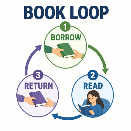 Book Loop infographic with Borrow, Read and Return stages.