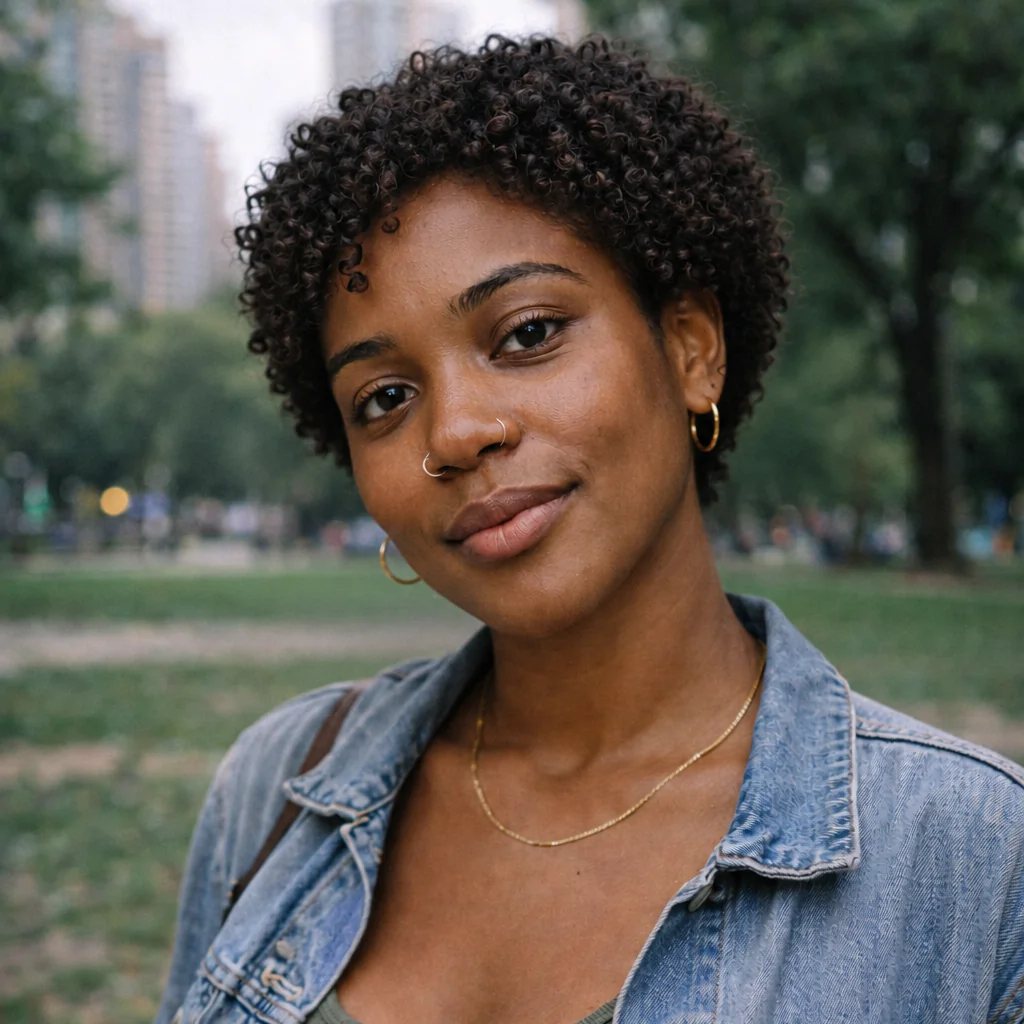 A woman previews a compact rounded curly crop with exposed ears, wearing a denim jacket in a park.